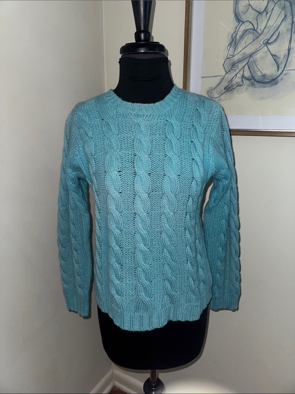 Brooks Brothers Women's Wool Blue Cable-Knit Crewneck Sweater-Size Small
